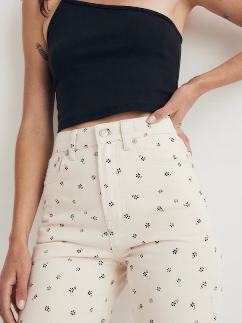NWT Madewell Cream Straight-Leg Jeans with Black Floral Print